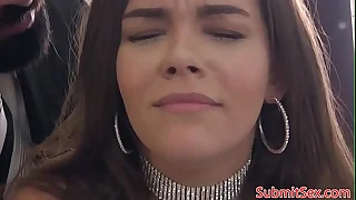 Busty subjection sub tied to couch for fucking